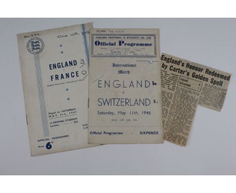 England Internationals at Chelsea v Switzerland 11/05/1946 with match report, at Arsenal v France 03/05/1947 both have score 