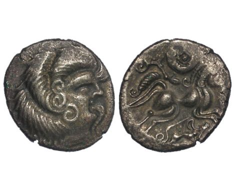Armorican billon stater [N.W.Gaul and the Channel Islands], Celtic head, right / Galloping horse right, boar below, Spink p.2