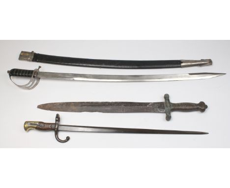 Swords: 1) A French Gladius Pattern sidearm pattern 1841. Blade 18.5" (top missing, rusted with loss to one edge). Blade reli