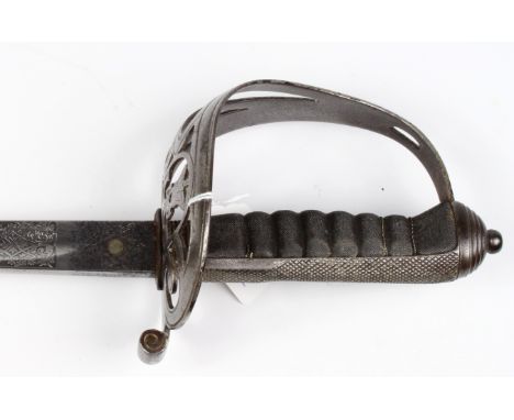 Sword: A good 1827 Pattern Rifle Officers Sword. Blade 32.5" finely etched blade with strung bugle and 'RIFLES'. Steel bowl w