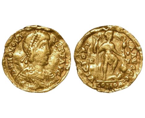 Honorius gold solidus, Ravenna Mint 408-423 A.D., reverse reads:- VICTORIA AVGGG, in exergue COMOB, in field R - V, with heav