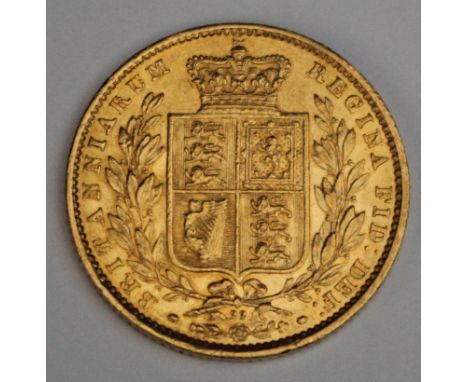 Sovereign 1869 (Shield back) die no. 22, VF, scuff above portrait.