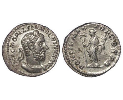 Macrinus silver denarius, Rome Mint 217 A.D. reverse reads:- PONTIF MAX TR P COS P P, Felicitas standing left, holding long c