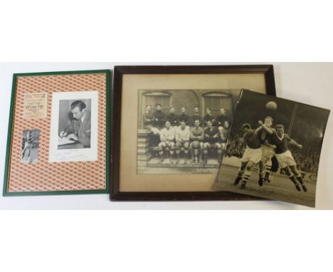 Stanley Matthews interest - a framed signed 1953 Cup Final Ticket, a signed book fly leaf, large 1921 MC Team photo, plus an 