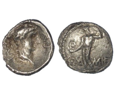 Celtic silver unit of the Atrebates and Regni, Verica, Naked figure standing left, holding lituus and bunch of grapes, COM/MI