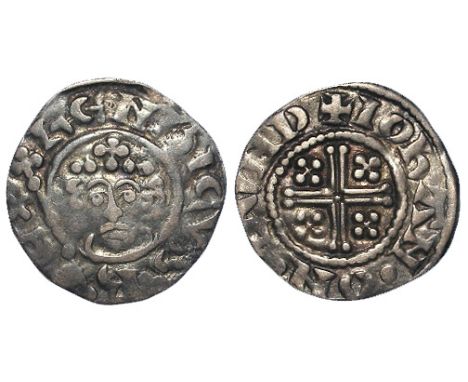 Henry II silver penny Short Cross, Class 1b, Spink 1344, reverse reads:- +IOhAN.ON.LVND, London Mint, moneyer Iohan, with two