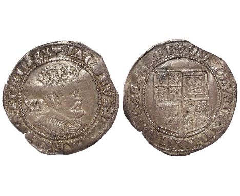 James I Silver Shilling. Third coinage, sixth bust. MM. Trefoil (1624) Spink 2668. Light Obverse creasemark, good portrait. V