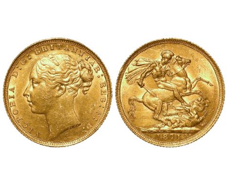 Sovereign 1871 St. George, short tail, large B.P., EF, light hairlines.