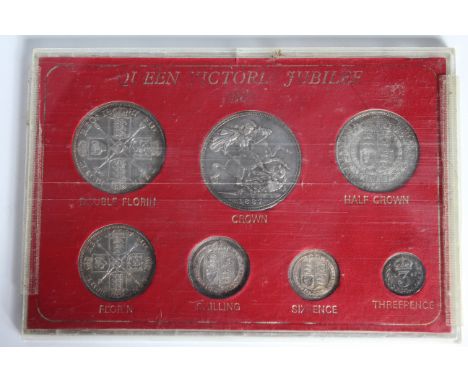 Specimen set 1887 Crown to Threepence Jubilee Head coinage (7 coins) NVF to GVF, the Sixpence the R over V variety, housed in