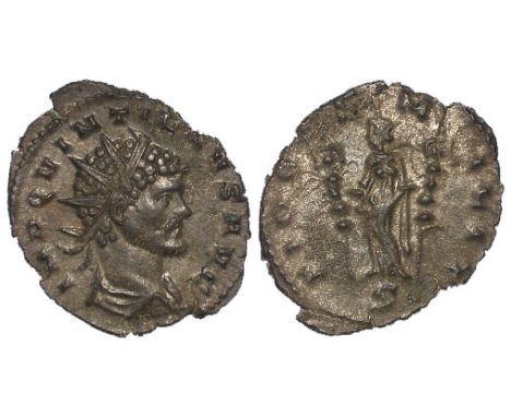 Quintillus, silver washed antoninianus, Milan Mint 270 A.D., reverse reads:- FIDES MILIT, Fides Militum standing left, holdin