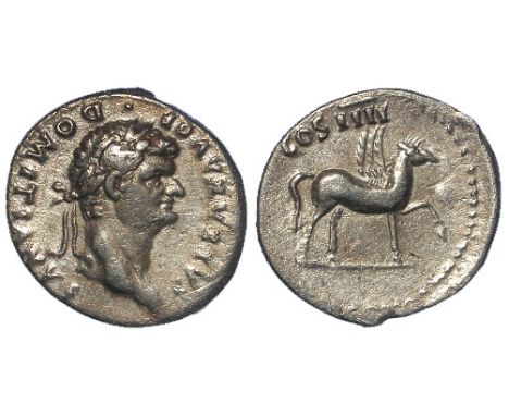 Domitian as Caesar under Vespasian, silver denarius, Rome Mint 76 A.D., reverse reads:- COS IIII, Pegasus stepping right, Sea