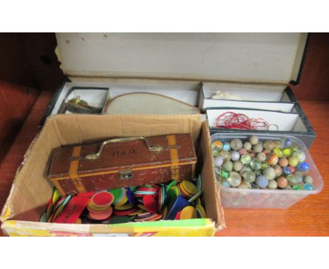 A mixed lot: to include Busseys Table Tennis, in a card box; a miscellany of vintage glass and other marbles; and various pla