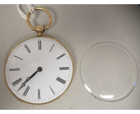 An 18ct gold cased pocket watch with radiating, engine turned decoration, faced by a white enamel Roman dial 