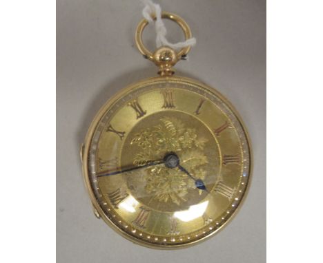 An 18ct gold cased pocket watch with bright-cut engraved floral, foliate and other ornament, faced by an engine turned Roman 