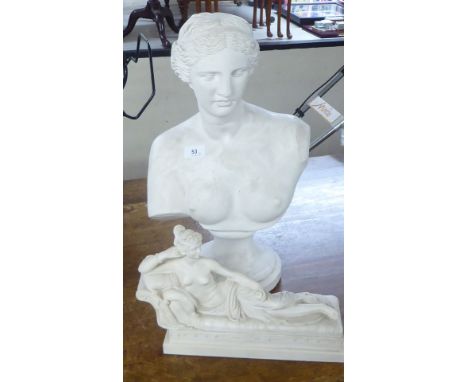 A white painted plaster bust, featuring a classical maiden, on a socle&nbsp; 20"h; and a modern composition model, a woman ho