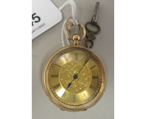 A 14ct gold cased fob watch with bright-cut engraved floral, scrolled and other ornament, faced by an engine turned Roman dia