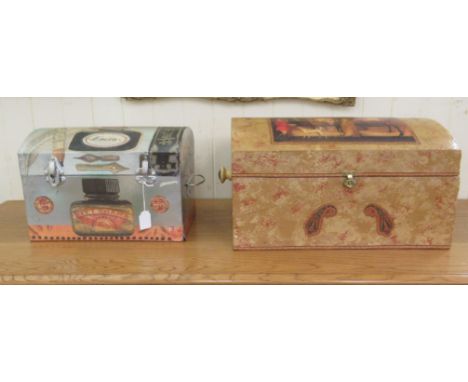 Two modern dome topped, trunk design storage boxes, decorated in decoupage&nbsp; 12"h&nbsp; 19"w &amp; 10"h&nbsp; 14"w 