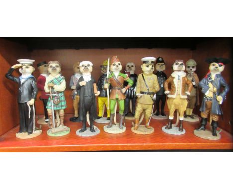 Thirteen Country Artist's composition model Meercats, in various poses and uniforms&nbsp; largest 10"h 