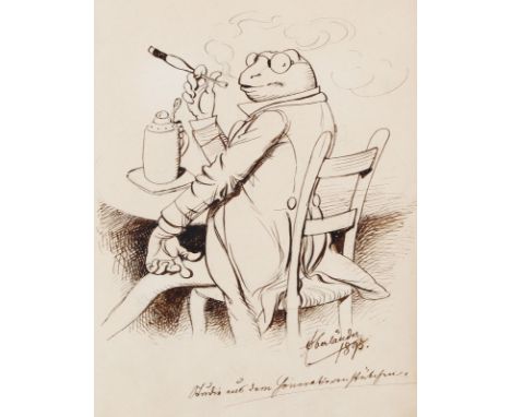 ADOLF OBERLÄNDER   Regensburg 1845 - 1923 München: „Studie aus dem Honoratiorenstübchen“. Am Tisch sitzender Frosch mit Zigar