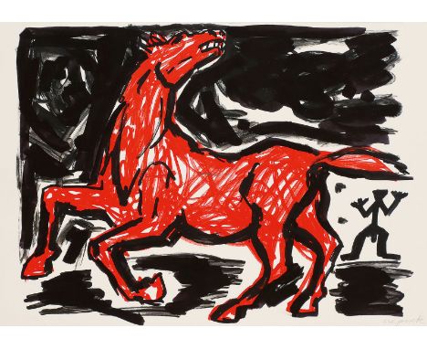 A. R. PENCK, eigentl. RALF WINKLER   Dresden 1939 - 2017 Zürich: Rossbändiger (Schwarzes Pferd, Adler, Figuren) - Rotes Pferd
