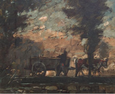 WILHELM NAGEL   Mannheim 1866 - 1945 Baden-Baden: Ochsenfuhrwerk bei einem Waldteich. Mischtechnik mit Gouache auf Hartfaserp