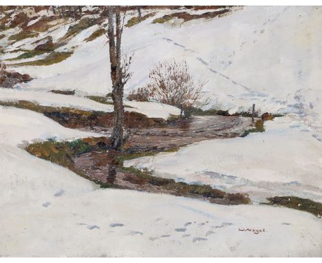 WILHELM NAGEL   Mannheim 1866 - 1945 Baden-Baden: Bachlauf im Schnee. Oel auf Leinwand, auf Karton aufgezogen. Signiert. 29 x