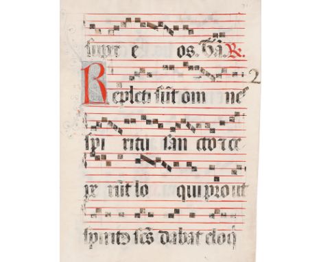MINIATUR: Notenblatt mit Initiale „R“ aus einem Antiphonar. Miniatur auf Pergament um 1600. Recto und verso mit fünfzeiligem 