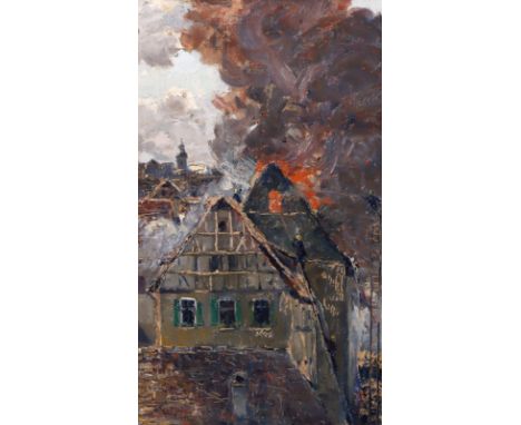 WILHELM NAGEL   Mannheim 1866 - 1945 Baden-Baden: Stadtbrand. Oel auf Karton mit Ritzungen 1903. Signiert und datiert. 25,5 x