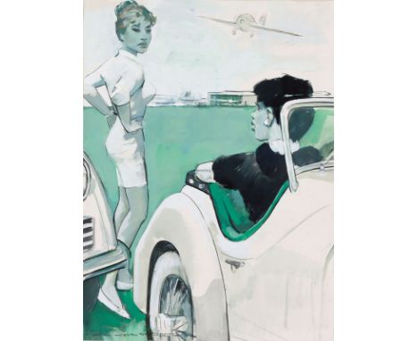 KURT HEILIGENSTAEDT   Roßleben 1890 - 1964 Berlin: Safety first: Stehende und im Cabrio sitzende Frau am Flugfeld. Humoristis