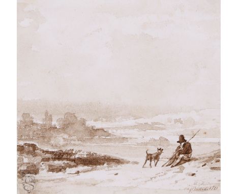 AUGUSTE XAVIER LEPRINCE   Paris 1799 - 1826 Nizza: Rastender Wanderer mit Stab und Hund in Landschaft. Pinselzeichnung in Bra