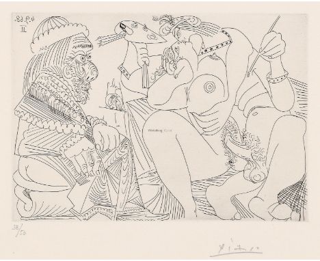 PABLO PICASSO   Malaga 1881 - 1973 Mougins: Raphaël et la Fornarina XVI: Le Pape est toujours sur son Pot, Songeur. Radierung