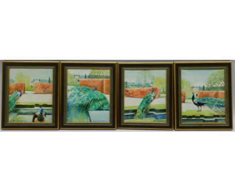 June Lloyd-Jones (British 1930-2016): Peacocks on a Garden Terrace, set four oils on canvas, three signed 25cm x 20cm (4) Not