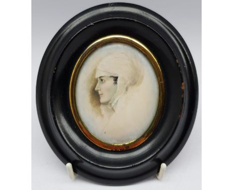 English School (19th century): Portrait of a Lady with a Bonnet, oval miniature on ivory unsigned 7cm x 6cmClick here to view