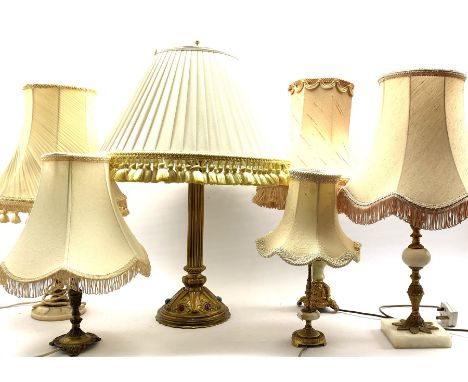 Brass fluted column table lamp with 'jewelled' circular base H66cm, another with brass and onyx column and four other table l