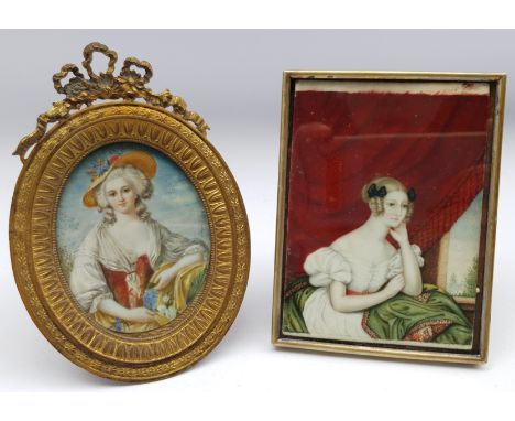English School (19th century): Fashionable Ladies, two portrait miniatures max 11cm x 8cm (2)Click here to view further image
