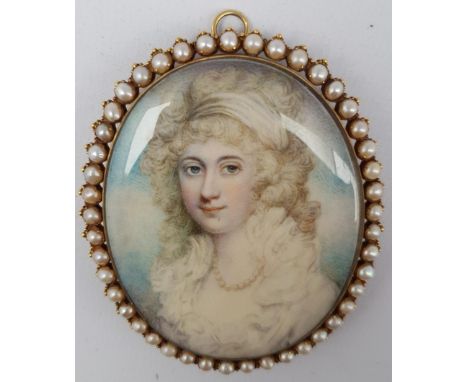 After Richard Cosway (British 1740-1821): 'Miss Maund', miniature portrait in gold frame with split pearl surround, the guill