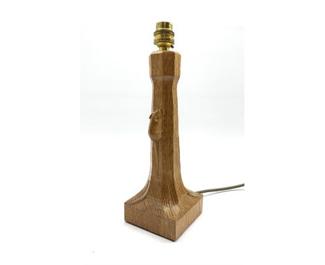 Thompson of Kilburn 'Mouseman' adzed oak table lamp with octagonal stem on a leaf carved square base with carved mouse signat