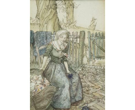 Dorothy Newsome-Glenn (British 1900-1980): Lady and her Baby in a Cottage Garden with Rabbits Watching, watercolour signed 14