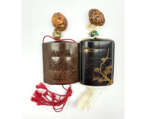 Japanese Meiji nashiji lacquer three case inro decorated in low relief with a pagoda and foliage with carved netsuke, togethe