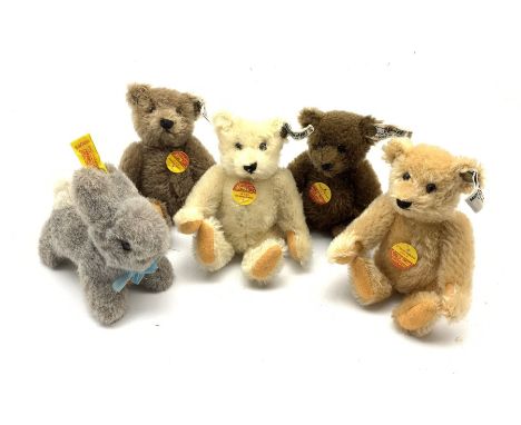 Five miniature Steiff teddy bears and animals to include four bears and rabbit 'Hoppy', all having original paper tags and bu