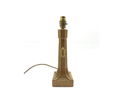 Thompson of Kilburn 'Mouseman' adzed oak table lamp with octagonal stem on a leaf carved square base with carved mouse signat