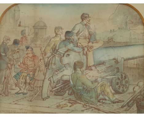 After Sir Joseph Noel Paton (Scottish 1821-1901): British Army Troops gathered around a Cannon, hand-coloured print 22cm x 29