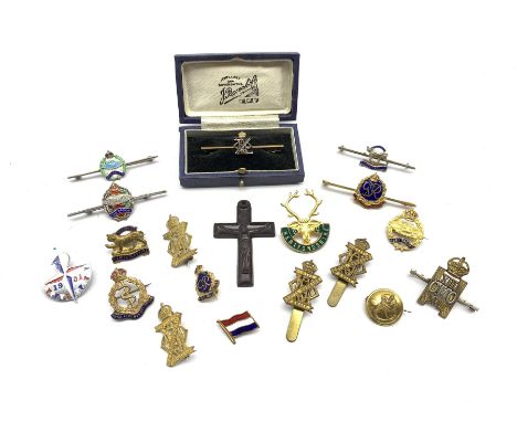 9ct gold and blue enamel brooch for XIII-XVIII Royal Hussars , four other Hussars brooches and clips, Tank Corp enamel brooch