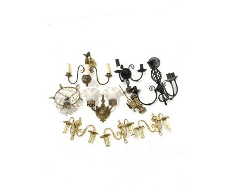 Gilt metal circlet light fitting hung with lustre drops, four various wall lights, reproduction White Star wall light and two