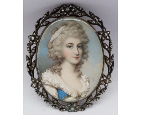 Attrib. George Engleheart (British 1750-1829): Lady in a Powdered Wig and White Dress, portrait miniature signed 'E' in flora