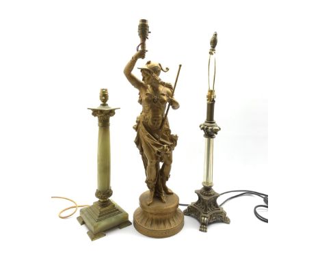 Gilded spelter table lamp in the form of a classical figure on a circular base  H60cm, an onyx table lamp with gilt metal mou