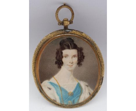 English School (19th century): Lady with an Ermine Stole, portrait miniature unsigned, locks of hair verso 6cm x 5cmClick her