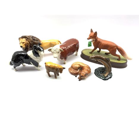 Six Beswick models comprising: Trout 1390, Lion 2554b, Hereford Bull 1363a first version, Curled Fox 1007, Sheepdog 1792 and 