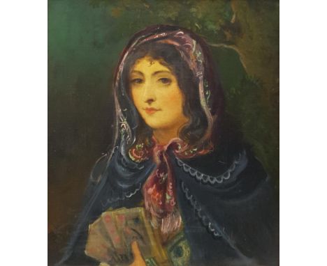 Spanish School (19th century): Lady in a Cloak Holding Playing Cards, oil on canvas unsigned, inscribed on later labels verso