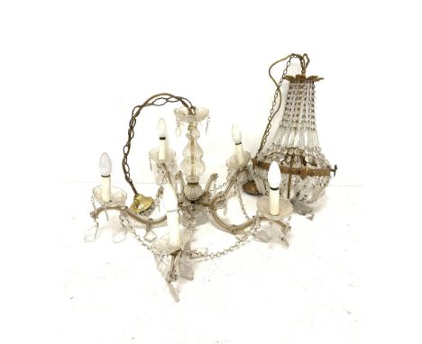 Venetian style glass five branch electrolier hung with lustre drops H43cm and a gilt metal ceiling light hung with lustre dro